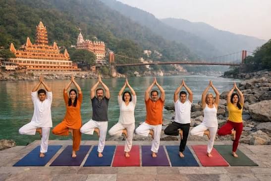 A group yoga session on the Ganga ghats in Rishikesh